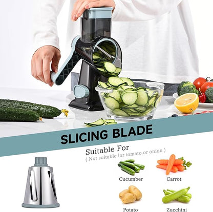 Rotary Cheese Grater with Handle Kitchen Shredder Slicer Grater Slicer Ice Shaver Cheese Vegetable Nuts Potato Zucchini Chocolate 3 Interchangeable Blades (GreyBlue)