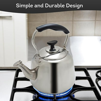 Lily's Home Whistling Tea Kettle for Stovetop, 2 Quart Stainless Steel Water Kettle with Loud Whistle, Cool-Touch Handle & Induction Compatible Base - For Gas, Electric, & Induction Cooktops