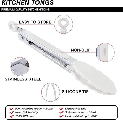 7 inch Cooking Tongs, MSY BIGSUNNY Set of 3 Mini Kitchen Tongs Silicone Serving Tongs With Silicone Tips for FoodGrill, Salad, BBQ (Snow White)
