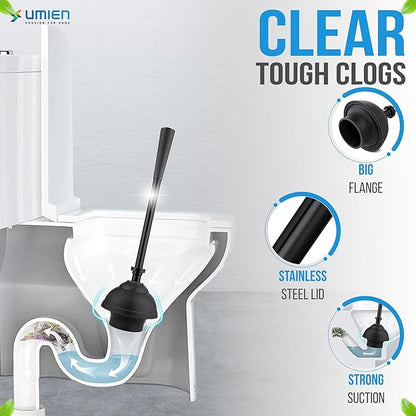 UMIEN Toilet Brush and Plunger Set 18-in - Updated 2025 No-Rust - Stainless Steel Design - Long Handles - with Freestanding Canister (Matte Black)