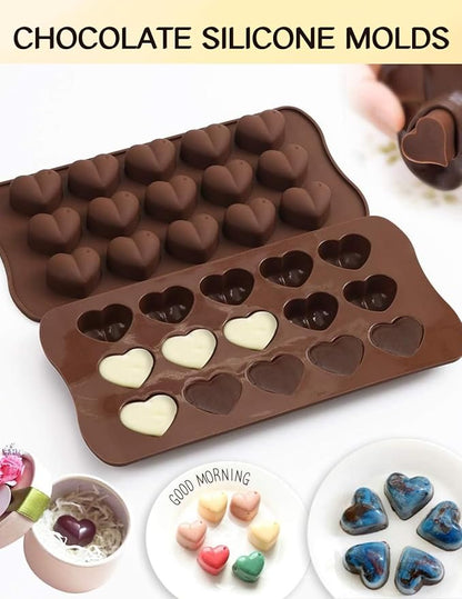 Silicone Chocolate Mold, Heart Shaped Cavities for Easy Release Treats 15 Cavity Candy Bar Gummy Molds for Valentine Baking, Pistachio, Candy, Snacks