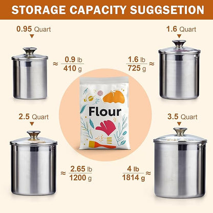 Cooks Standard Stainless Steel Food Jar Storage Canister Set Medium 4-Piece, 0.95qt/1.6qt/2.5qt/3.5qt Airtight Containers with Glass Lid for Tea Coffee Sugar Flour