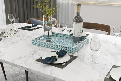 PEMAR Rectangular Mother of Pearl Serving Tray Nacre Wood Lap Ottoman Tray for Coffee Table, Luxury Decorative Handmade Eating Platters w Insert Handles (Teal Floral Pattern)