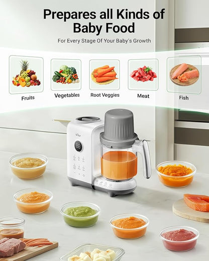 Bear Baby Food Maker with Two Layer Steam Baskets, One Step Baby Food Processor Steamer Puree Blender, Baby Food Mill with Bottle Warming Sterili-zing Auto Cleaning Function, BPA-Free, White