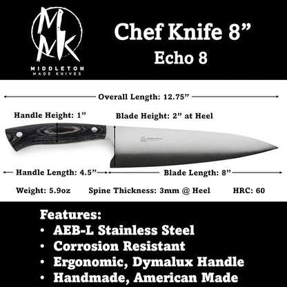 Middleton Made Knives Echo 8 Inch Chef Knife - Handmade Professional Chef Knife - Chefs Knife Made with AEB-L Stainless Steel - USA Made Knife - Great Chef Gifts - Charcoal