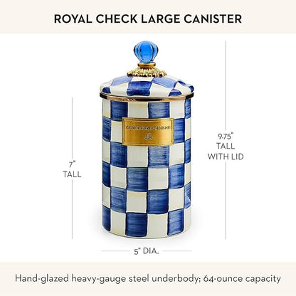 MACKENZIE-CHILDS Large Enamel Canister, Kitchen Storage Container for Flour and Sugar, 1.89 Liters, Blue-and-White Royal Check