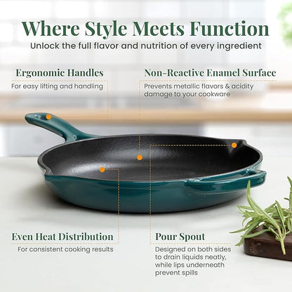 Larder & Vine Enameled Cast Iron Skillet | 10.25 inch Cast Iron Pan | Saute Pan with Pour Spouts | Enamel Coated Cast Iron Skillet | Compatible on All Cooktops & Oven Safe to 500° F | Bondi