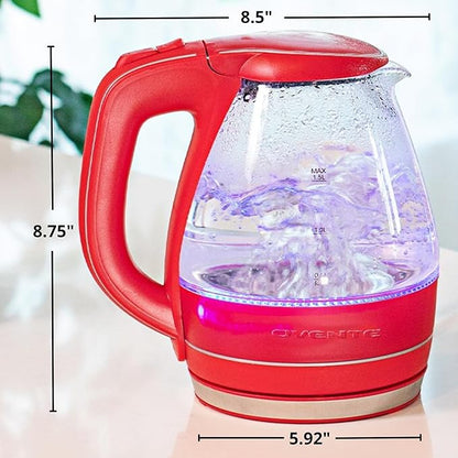OVENTE Electric Kettle, 1.5L Borosilicate Glass Countertop Water Heater and Boiler for Coffee or Tea, BPA-Free, Auto Shut-Off, Boil-Dry Protection, Removable and Washable Spout Filter, Red KG83R
