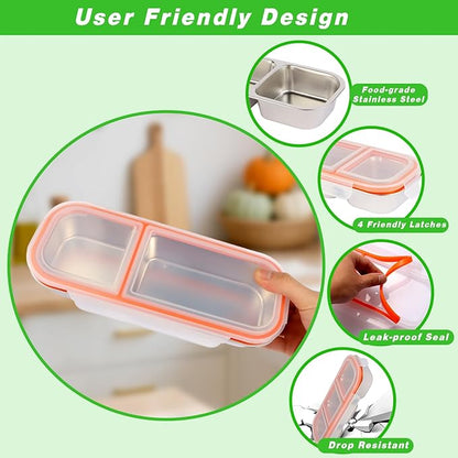 Stainless Steel Snackle Container For Adults, Reusable Bento Lunch Box Snack Containers, 2-3 Compartment Divided Food For Home Work Travel (2 Pack)