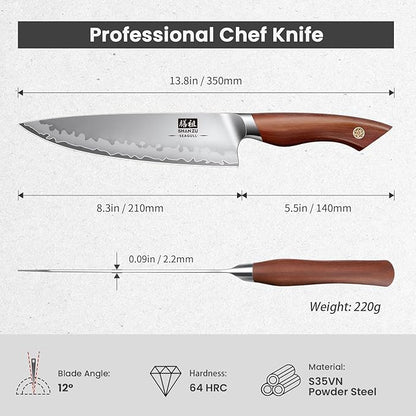 SHAN ZU Chef Knife 8 Inch, American S35VN Powder Steel Sharp Kitchen Knife, Professional Cooking Knife with Ergonomic Red Sandalwood Handle, Meat Cutting Gyuto Knife, Gifts for Women & Men