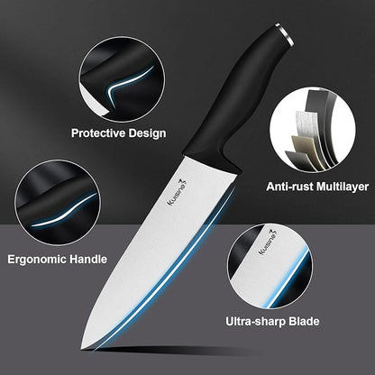 Kuisine Kitchen Chef Knife Block Set,High Carbon Stainless Steel Sharp Knife Set with Built-in Sharpener,Elegant Gift(Black,15pcs)