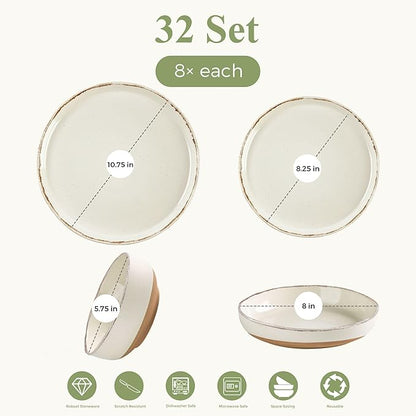 AmorArc Ceramic Dinnerware Sets with Pasta Bowls for 8, Handpainted Plates and Bowls Set with Rustic Terracotta Underside, Scratch Resistant Dishes Set, Dishwasher & Microwave Safe, 32 Pcs