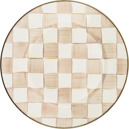 MACKENZIE-CHILDS Enamel Dinner Plate, Decorative Dinnerware Plate, 10 Inches, Brown-and-White Mocha Check