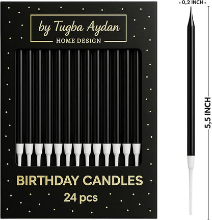 by Tugba Aydan - Black Birthday Candles-24 Count Long Thin Black Birthday Candles for Cake, Metallic Cake Candle for Birthday, Party Candles