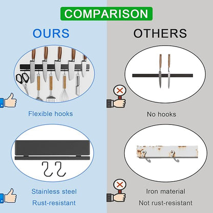YIIYIIN 12 Inch Magnetic Knife Holder for Wall No Drill,Adhesive Knife Magnetic Strip with 6 Hooks,Kitchen Double Rods Stainless Steel Magnetic Utensil Holder(Black)