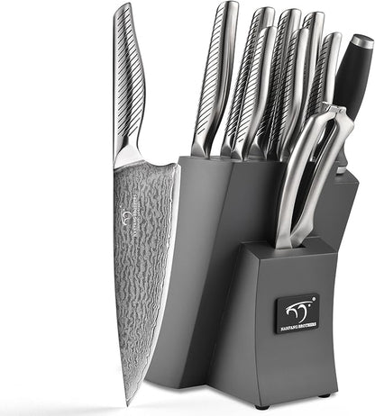 NANFANG BROTHERS® 10 Pieces Damascus Kitchen Knife Set, High Carbon Stainless Steel Damascus Steel Chef Knife Set, Stainless Steel Ergonomic Handle for Chef, with Built-in Sharpening Rod NF