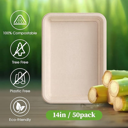ECOLipak 50 Pack 14 Inch Disposable Food Crawfish Trays, Compostable Large Paper Plates, Disposable Thanksgiving Trays for Serving Food, Turkey, BBQ, Seafood Boil Party Supplies(Nature)