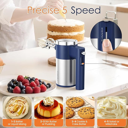 Powerful 600W Hand Mixer, 5-Speed Electric Hand Held Mixer for Baking, Lightweight Stainless Steel Hand Beaters *2 & Dough Hooks*2 with Eject Button, Kitchen Mixer for Cream, Cookies, Dough-Blue