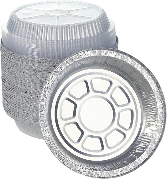 7 Inch Round Aluminum Pans with Lids (60 Pack) Disposable Foil Pan with Clear Dome Top, Aluminum Tin for Roasting Baking Cooking