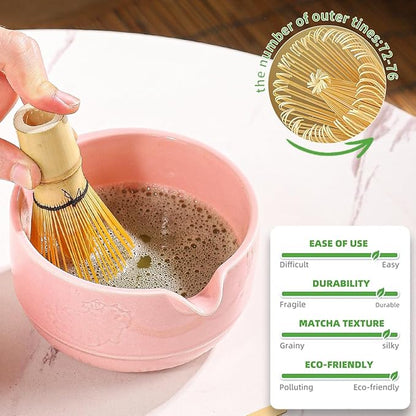 Matcha Tea Set, 5-Piece Ceramic Matcha Bowl & Whisk Kit with Cute Cat Pattern, Traditional Japanese Chawan, Scoop & Sifter, Perfect for Tea Ceremony, Gift for & Tea Lovers (pink)