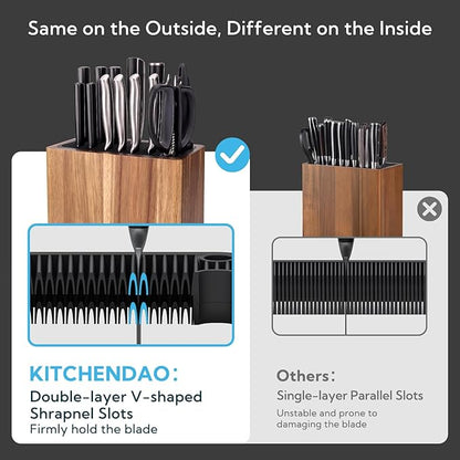 KITCHENDAO XL Acacia Wood Universal Knife Block with Slots for Scissors and Sharpening Rod, Safe, Space Saver Knives Storage Stand Display without Knives, Unique Slot Design to Protect Blade