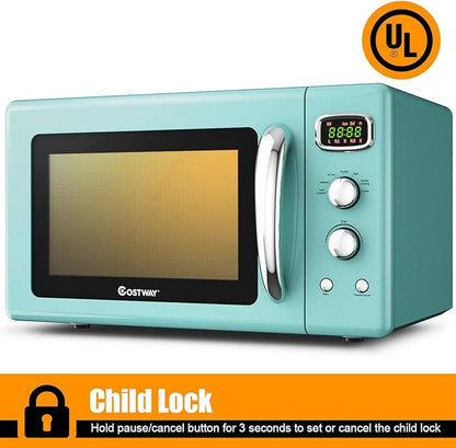 COSTWAY Retro Countertop Microwave Oven, 0.9Cu.ft, 900W Microwave Oven, with 5 Micro Power, Defrost & Auto Cooking Function, LED Display, Glass Turntable and Viewing Window, Child Lock