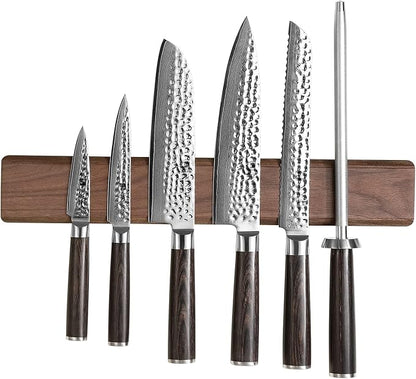 XINZUO Walnut Wood Knife Magnetic Strips 16 Inch, Double Row Round Magnets Magnetic Knife Holder for Wall -Magnetic Knife Bar- Works With Kinds of Kitchen Tools -Space Saver Knife Rack