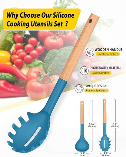 Silicone Pasta Fork and Ladle Spoon Set with Wooden Handle, Heat Resistant Non Stick Kitchen Utensils for Cooking, Stirring, Serving Spaghetti, Soup, Sauce(BLUE)