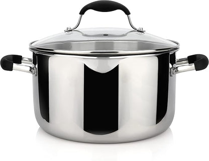 AVACRAFT Tri-Ply Stainless Steel Stockpot with Glass Strainer Lid, Side Spouts, 6 Quart Multipurpose Sauce Pot