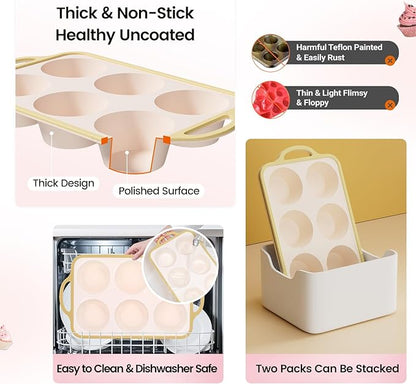 Silicone Jumbo Muffin Pan with Metal Frame, Non Stick Food Grade Silicone Large Muffin Pan, with Handles 6 Cup,BPA-Free and Dishwasher Safe, Jumbo Cupcake Pans - 2 Piece Light Yellow