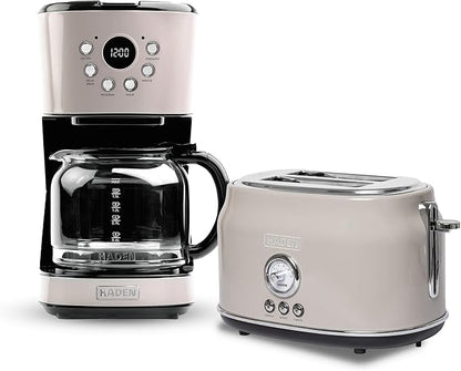 Haden 12 Cup Programmable Drip Coffee Maker Coffee Machine Bundled with Dorset 2 Slice Wide Slot Stainless Steel Toaster, Putty & Chrome