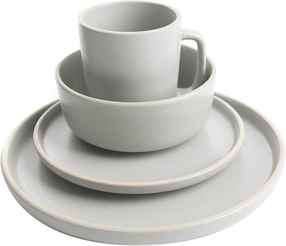 Gibson Home Zuma 16 Piece Round Kitchen Dinnerware Set, Dishes, Plates, Bowls, Mugs, Service for 4, Matte Stoneware, Light Grey