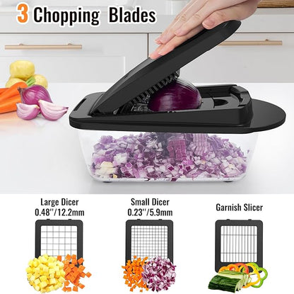 12 Blade All-in-1 Vegetable Chopper Mandoline Slicer with Container, Spiralizer with Contianers, Food Chopper, Onion Chopper, Veggie Cutter for Salad, Kitchen Gadgets Accessories Essentials, Black