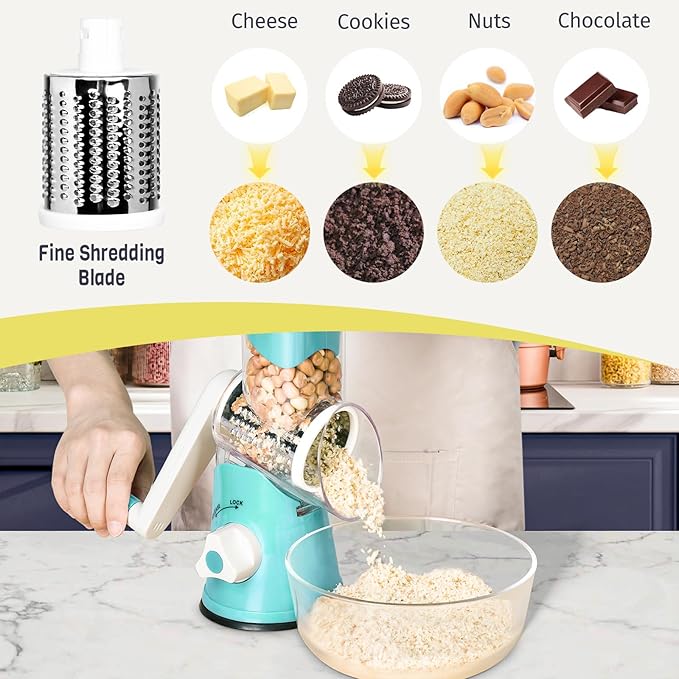 X Home Rotary Cheese Grater for Kitchen, Shredder with 3 Interchangeable Blades, Rotary Grater with Handle and Strong Suction Base, for Vegetables, Fruit, Nuts, Easy to Use and Clean, Blue