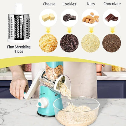 X Home Rotary Cheese Grater for Kitchen, Shredder with 3 Interchangeable Blades, Rotary Grater with Handle and Strong Suction Base, for Vegetables, Fruit, Nuts, Easy to Use and Clean, Blue