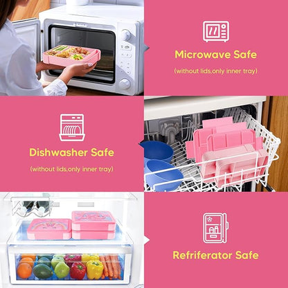 JYPS Bento Box for Kids,Leak-Proof Kids Lunch Box with 6 Compartments,Sauce Container,Utensils,BPA Free Microwave/Dishwasher Safe Lunch Container for Girls and Toddlers Back to School-Pink K