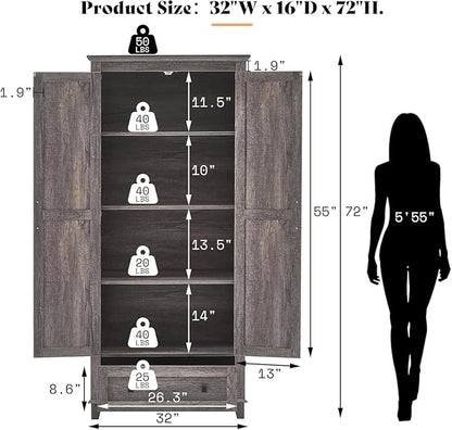 AMERLIFE 2 Pcs Farmhouse Kitchen Pantry Cabinet, 72" Tall Storage Cabinet with Adjustable Shelves & Barn Doors & Drawer, Freestanding Kitchen Cupboard for Dining Room, Living Room, Rustic Grey