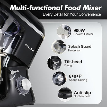 Aucma Stand Mixer, 900W 8QT Large Kitchen Mixer, Kitchen Electric Mixers with Dough Hook, Wire Whip & Beater (Black, 8QT)