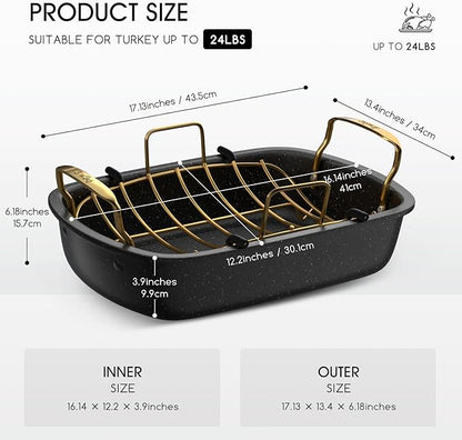 Turkey Roasting Pan, 17x13 Inch Nonstick Roaster with Removable Rack, Turkey Baster, Meat Thermometer, Turkey Brine Bags, Roaster Pan for Roasting Turkey, Meat & Vegetables (Black&Gold)