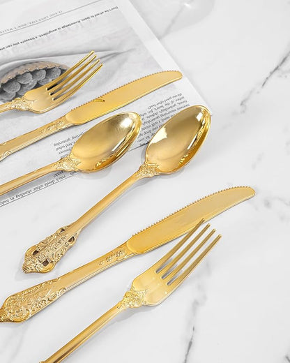 bUCLA 300PCS Gold Plastic Silverware Disposable - Heavy Duty Plastic Cutlery - Gold Disposable Utensils Set - Include 100 Knives, 100 Forks, 100 Spoons for Party & Thanksgiving