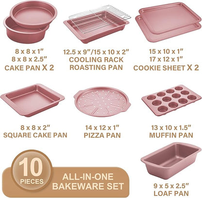 HONGBAKE Bakeware Sets, Baking Pans Set, Nonstick Oven Pan for Kitchen with Wider Grips, 10-Piece Including Rack, Cookie Sheet, Cake Pans, Loaf Pan, Muffin Pan, Pizza Pan - Pink
