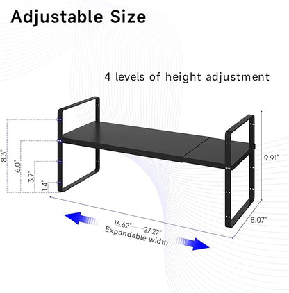 Expandable Cabinet Shelf Organizer, Stackable Kitchen Pantry Counter Storage, Adjustable Cupboard Stand Rack Risers Spice Organization Heavy Duty Black Small 3 Pack