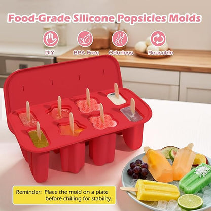 Popsicles Molds, 8-Cavity Silicone Popsicle Molds with 50 Sticks, BPA-Free Ice Pop Mold Popsicle Maker with Funnel & Cleaning Brush for Kids Adult Teens