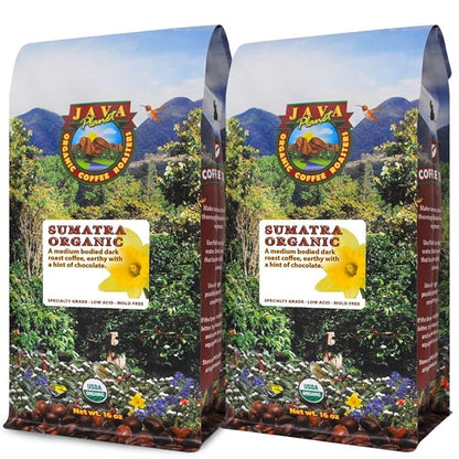 Low Acid Organic Coffee – Whole Bean, Mold-Free & Stomach Friendly by Java Planet, Sumatran Single Origin Coffee, Dark Roast, Smooth Full Flavored, 2x1LB Bag