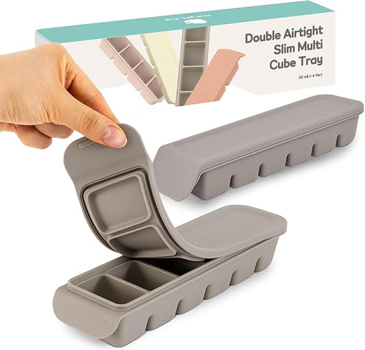 6 Section-1oz, Gray 100% Food Grade Silicone Ice Cube Tray Food Container with Airtight Locking Lid, Fruit Vegetable Purees, Breastmilk Storage for Baby & Toddler Food | BPA Free Korea Made