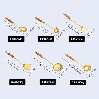 Gold Kitchen Utensils Set with Wooden Handle, 6 PCS Professional Cooking Utensils Set, Wok Spatula, Ladle, Skimmer, Slotted Spatula Turner, Spaghetti Spoon, Large Spoon