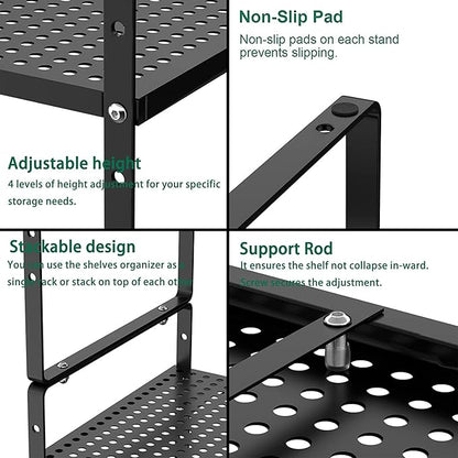iPEGTOP 2 Pack Large Expandable Cabinet Storage Shelf, Heavy Duty Stackable Steel Metal Spice Rack Adjustable Height Home Office Pantry Garage Shelves for Counter Kitchen Organization, Black
