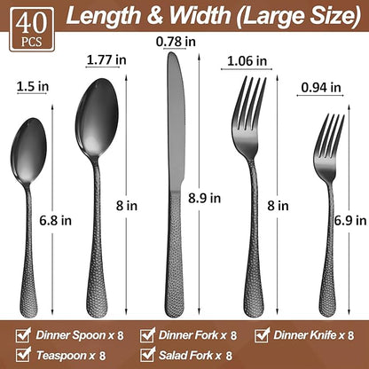 40 Pcs Black Silverware Set for 8 with Hammered Design, Food Grade Stainless Steel Flatware Set, Eating Utensils Sets Include Fork/Knife/Spoon, Cutlery Set, Dishwasher Safe