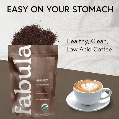 Fabula Low Acid Coffee, USDA Organic Ground Coffee Medium Roast - Non GMO - No Molds - Mycotoxins Pesticides Free - Single Origin Coffee - 12 oz