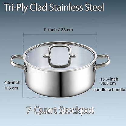 Cook N Home Stainless Steel Stockpot with Lid 7 Quart, Tri-Ply Clad Dutch Oven Soup Pot, Induction Cooking Pot, Silver